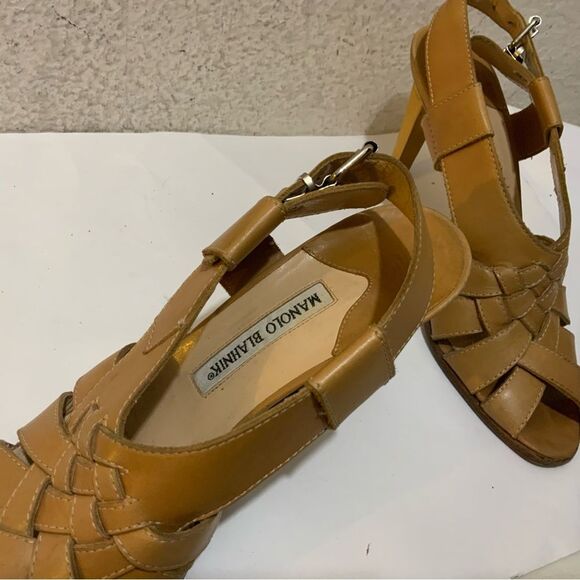 Manolo Blahnik strappy Tan Slingback open toe Heels size 38 - Picture 4 of 8